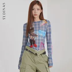 Yedinas Streetwear Blue Plaid Graphic T Shirts Women Clothing Long Sleeve Korean Fashion Mesh Tops Tees 2000s Clothes Y2k Autumn