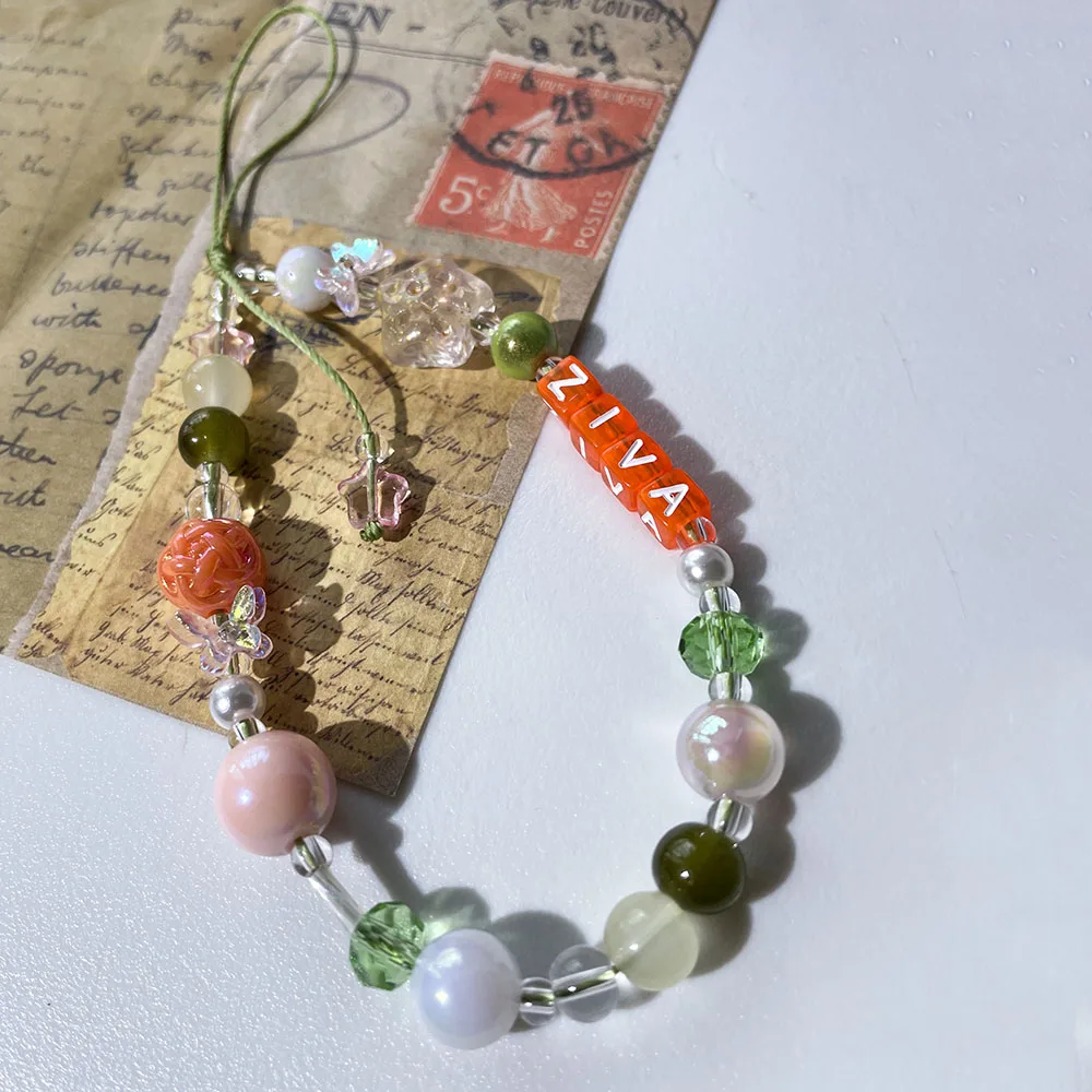 Personalised Name Phone Charm Strap Customized Orange Letter Pink Butterfly Yellow Glass Star Bead Aesthetic Cute Gift Keychain view 3