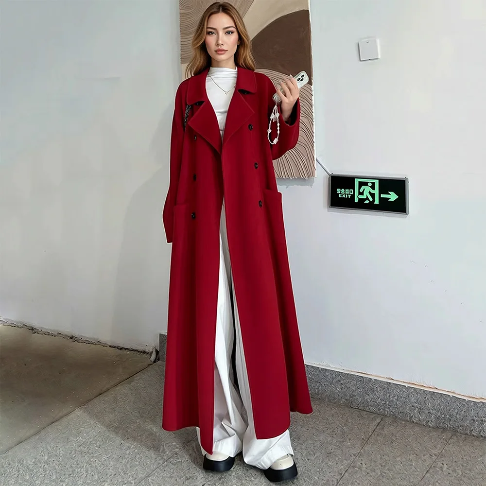 New Women Red Double-Faced Wool Coat Autumn Winter Fashion Turn-down Collar Double Breasted Loose Long Coat Daily Overcoat