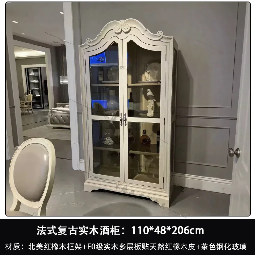 DD45 French Retro Solid Wood Wine Cabinet Living Room Carved Storage Bookcase Light Luxury Display Sideboard