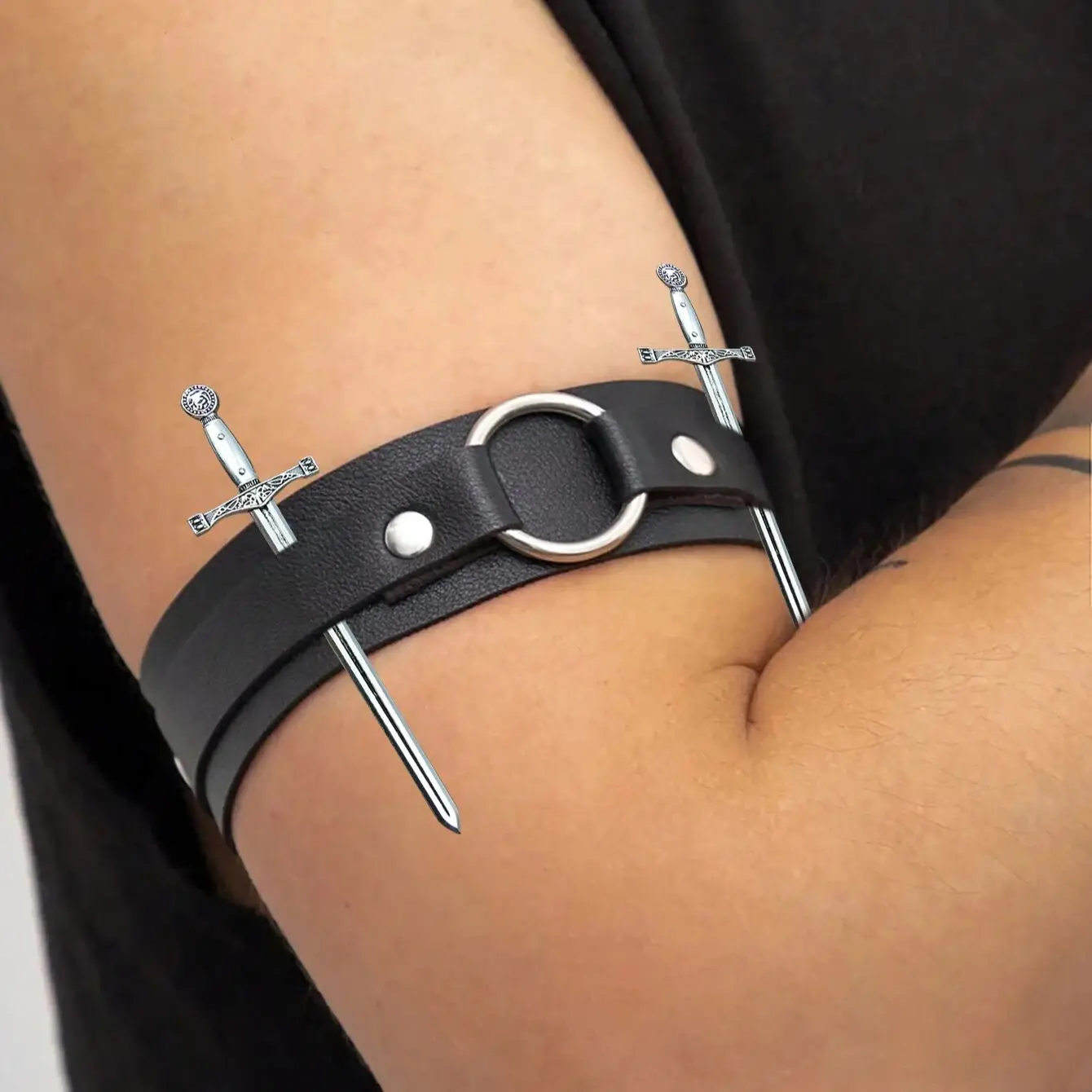 Fashion Gothic Punk Style Black Leather Arm Bands with Metal Prop Sword Halloween Medieval Viking Style Performance Accessories