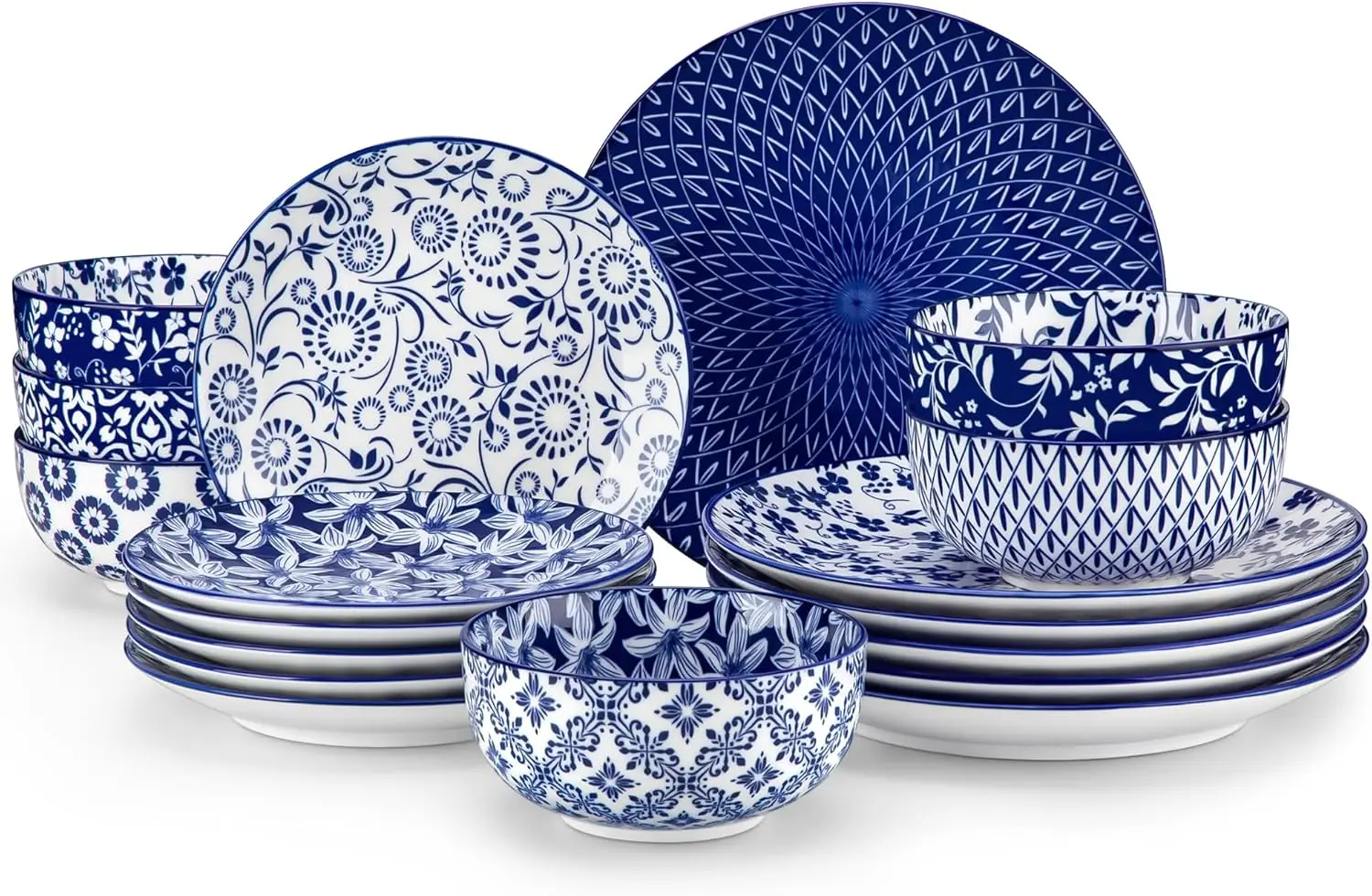 

SELENE Plates and Bowls Set for 6, 18 Pieces Dinnerware Sets, Mircowave and Dishwasher Safe Dishes Set, Porcelain Blue Dinnerwar