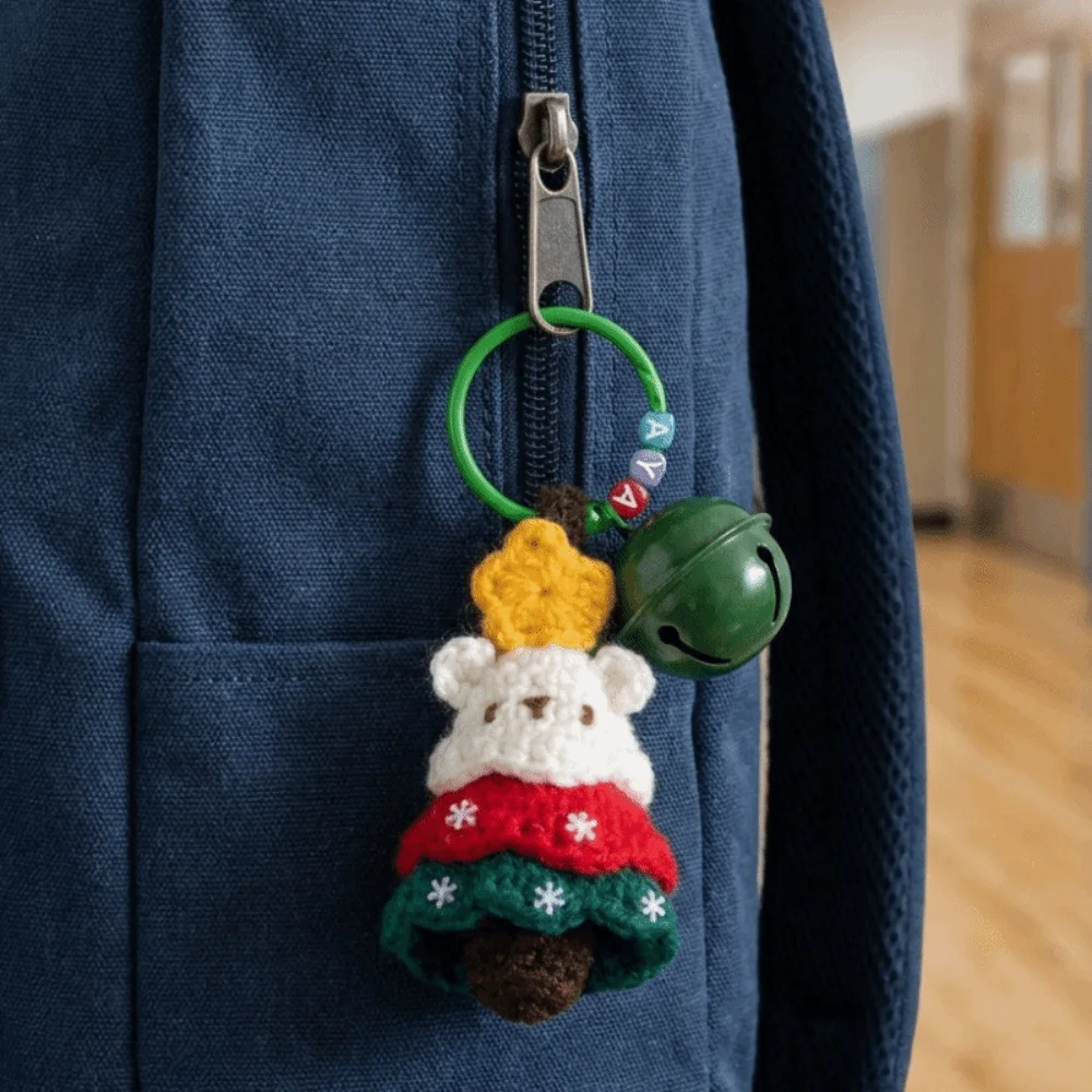 Handmade Christmas Knitted Hanging Ornament with Bell Soft Xmas Crochet Keychain Mini Yarn Christmas Bag Charm Gift