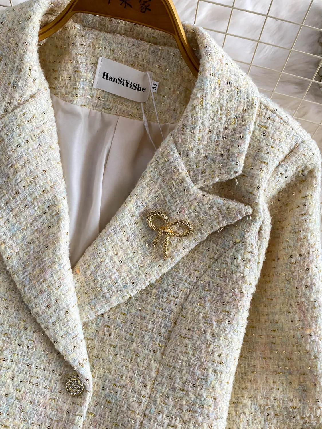  Glittering Heavy Embellished Tweed Suit Jacket Women's Autumn Winter Fashion Metal Buckle Embellished Outerwear