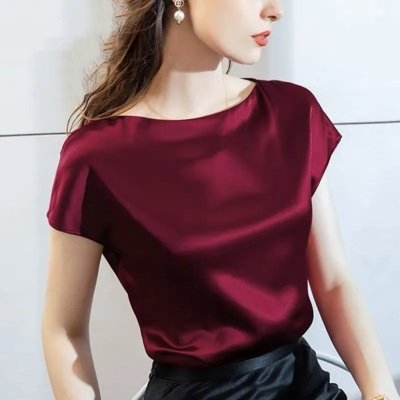 2024 Summer Basic Solid Women\'s Acetate satin Shirts boat neck Short Sleeve Tees Tops Satin Silk Elegant blouses plus size