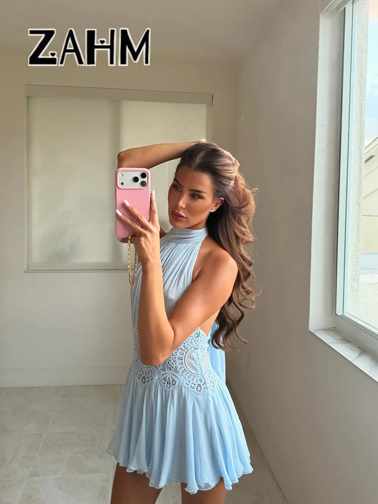 Sexy Hollow Out Solid Women Min Dress Beach Pleated Lace Up Backless Sleeveless Female Dresses 2026 Summer Lady Robe New