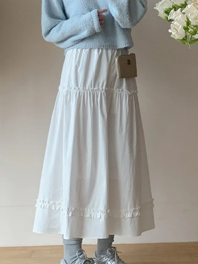White A-Line  Skirt Women's Loose Waist Gored Hem Long Spring Faion Fre Age-Defng Skirts Korean Sle High Waist