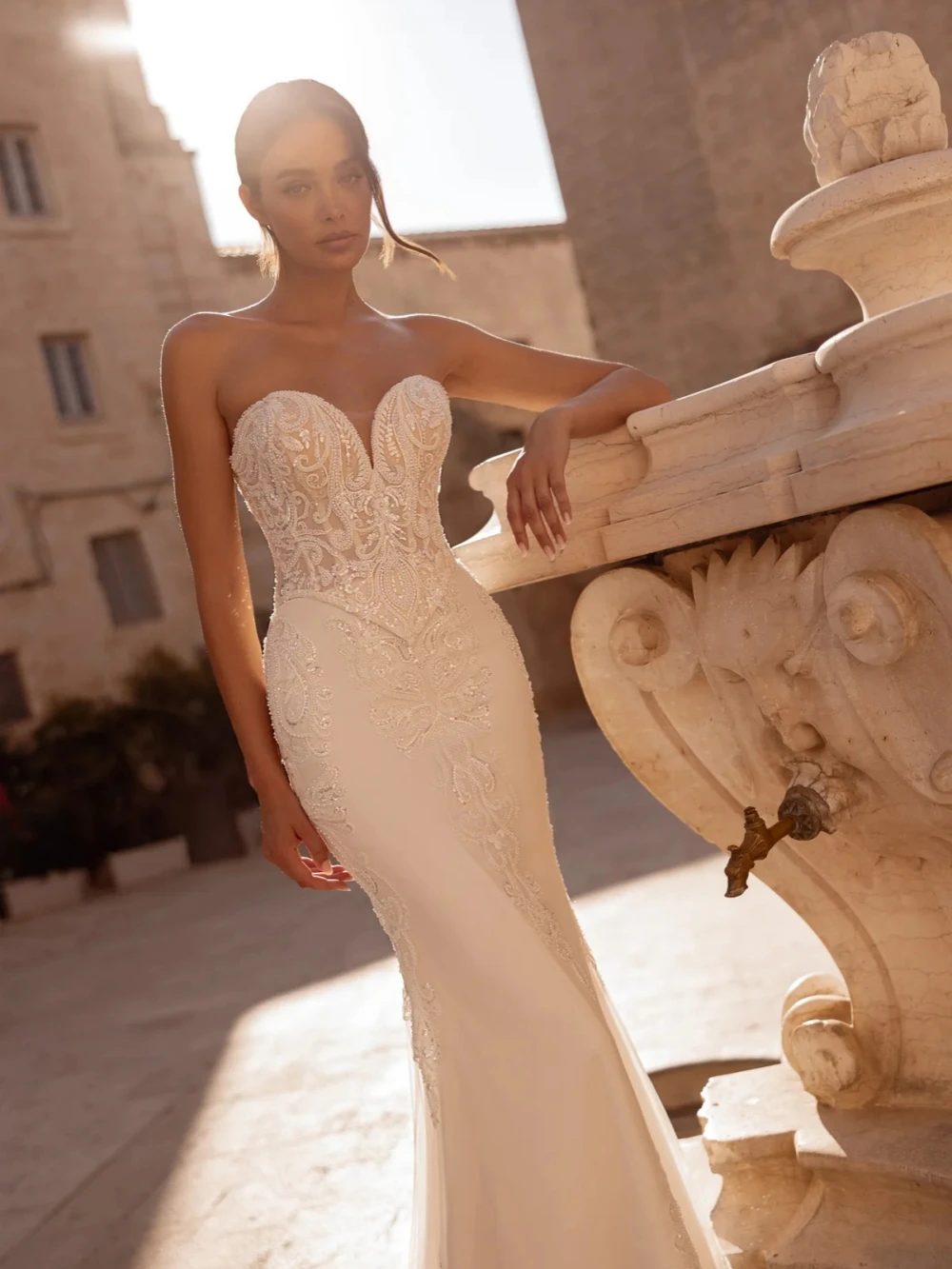 ชุดแต่งงานแขนยาวประดับลูกปัดแบบถอดได้ สีไอวอรี่ คอสูงทรงเมอร์เมด ชุดใหม่สั่งตัดได้ ชุดเจ้าสาวที่มีเสน่ห์