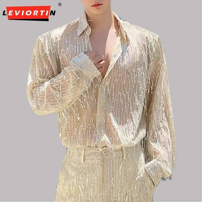 

Модная мужская классическая рубашка с кисточками и блестками из бисера с лацканами и длинными рукавами для вечеринки, ночного клуба, Camisetas, уличная одежда, повседневные мужские рубашки