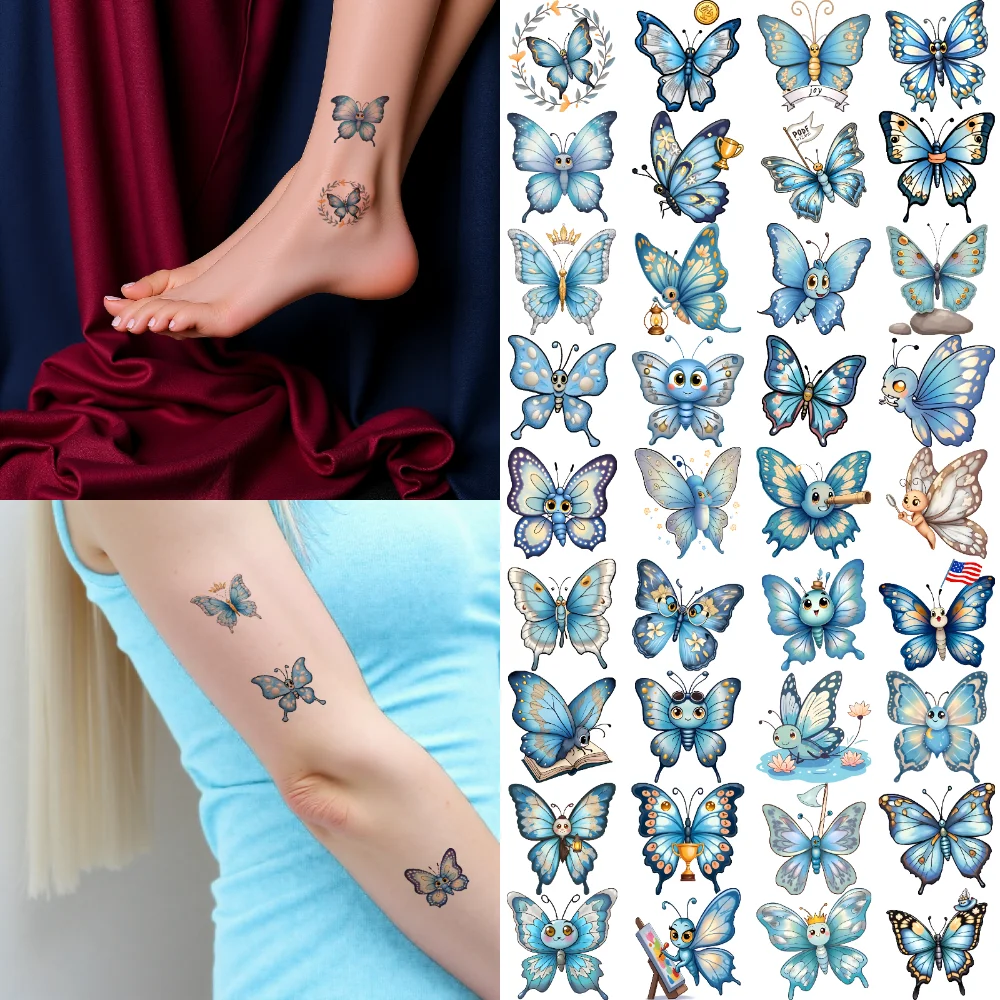 54pcs Temporary Tattoo Butterfly Stickers Waterproof Long-lasting Body Stickers Blue Stickers For Arms Shoulders Cheeks