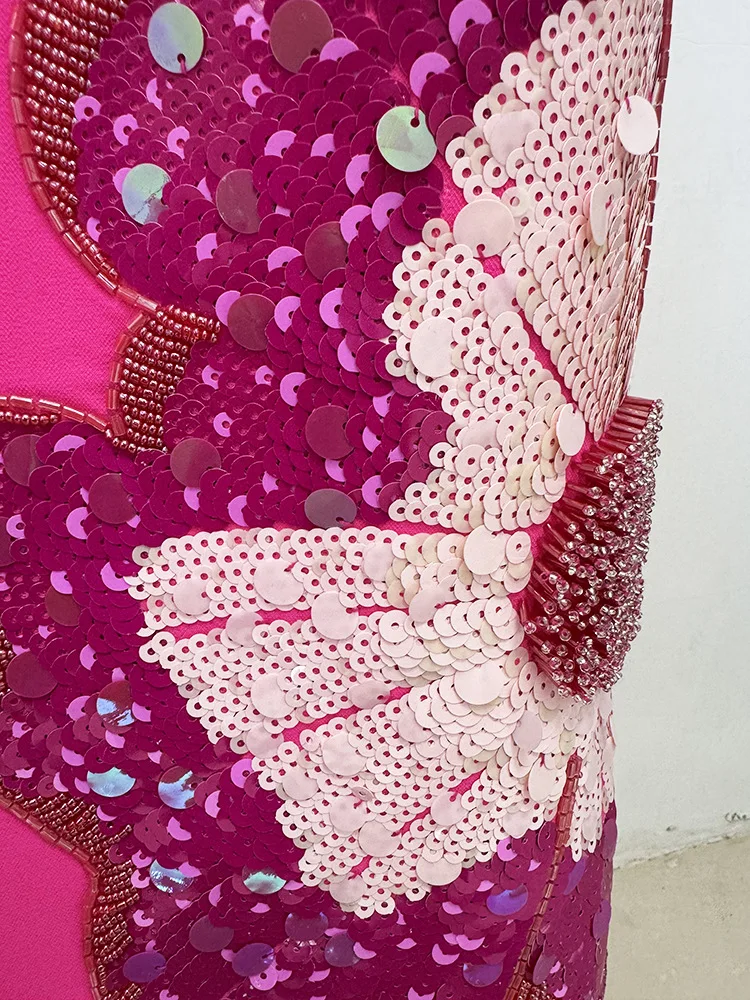 HIGH STREET – robe mi-longue à manches courtes pour femmes, tenue de styliste, à paillettes et perles, fleur tridimensionnelle, nouvelle collection 2025