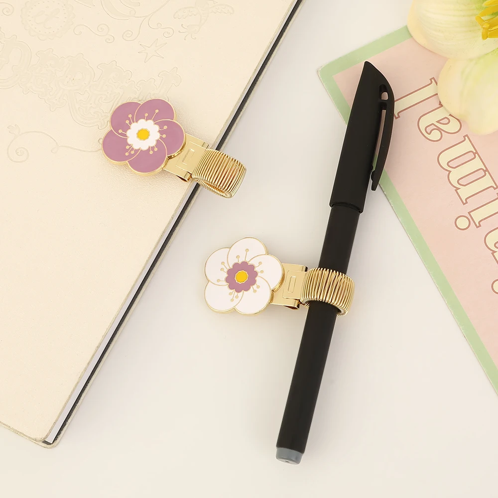 1pc Exquisite Flower metal pen clip with spring metal clip, used for handwriting, notebooks, and student office stationery