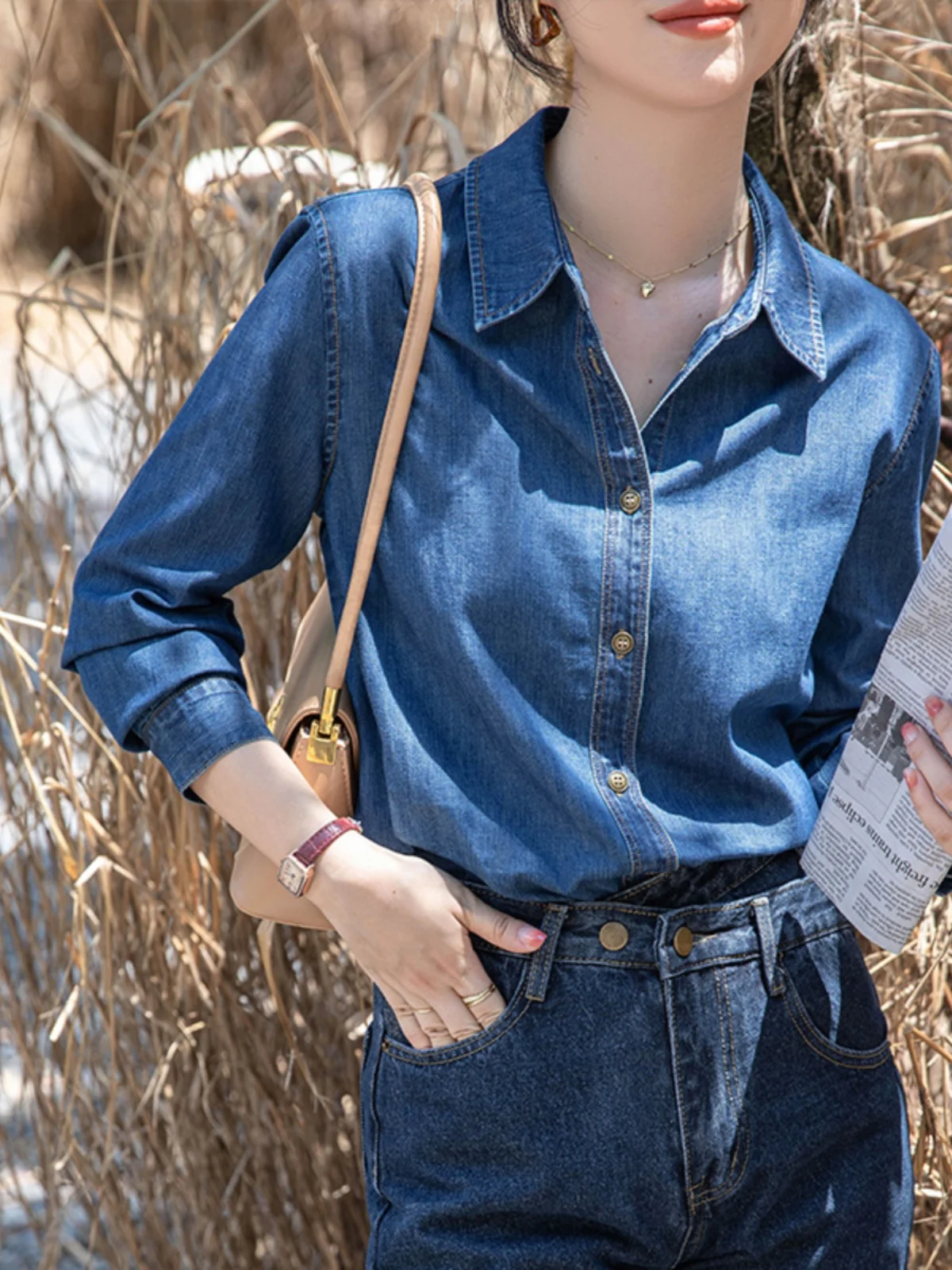 

Deep Blue Soft Denim Shirt Women's Long Sleeve V-Neck Button-Up Slim Fit Inner Wear Layering Top Shoulder Width Regular