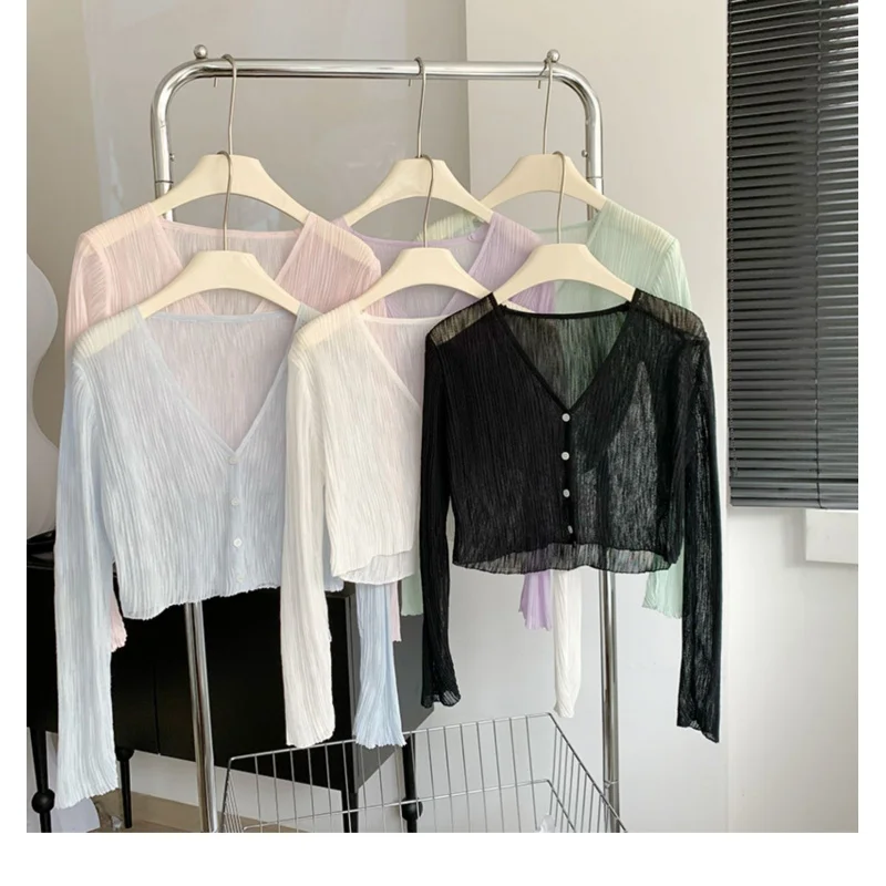 

Women's short ice silk sun-protective knitted cardigan NewvThin collared air-conditioning shirt,white, one size fits all