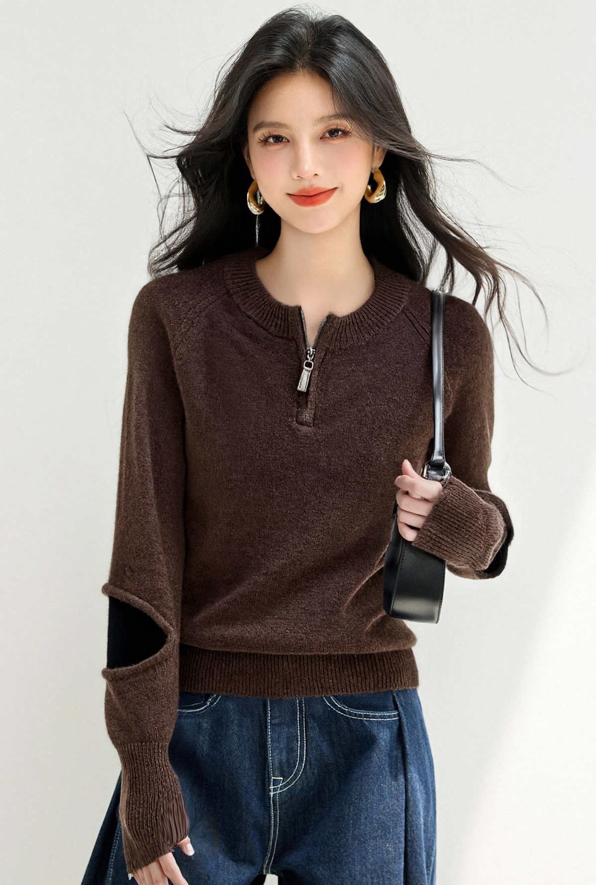 

Корейский стиль, ретро нишевый дизайн, вязаный свитер с цветными блоками для женщин, новые зимние поступления, миниатюрный пуловер на молнии, модный топ