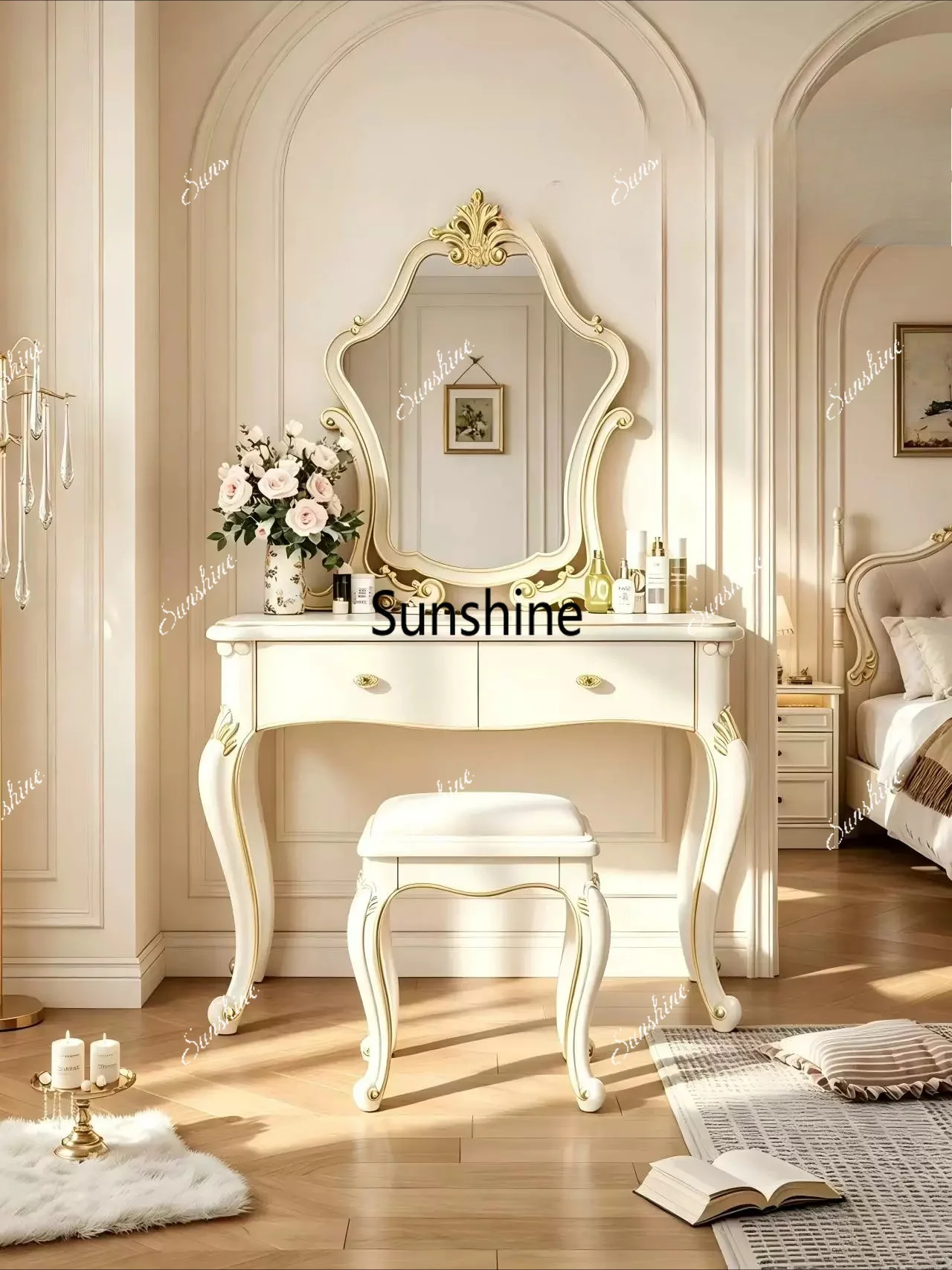 French light luxury dresser with lamp mirror bedroom modern simple makeup table cabinet