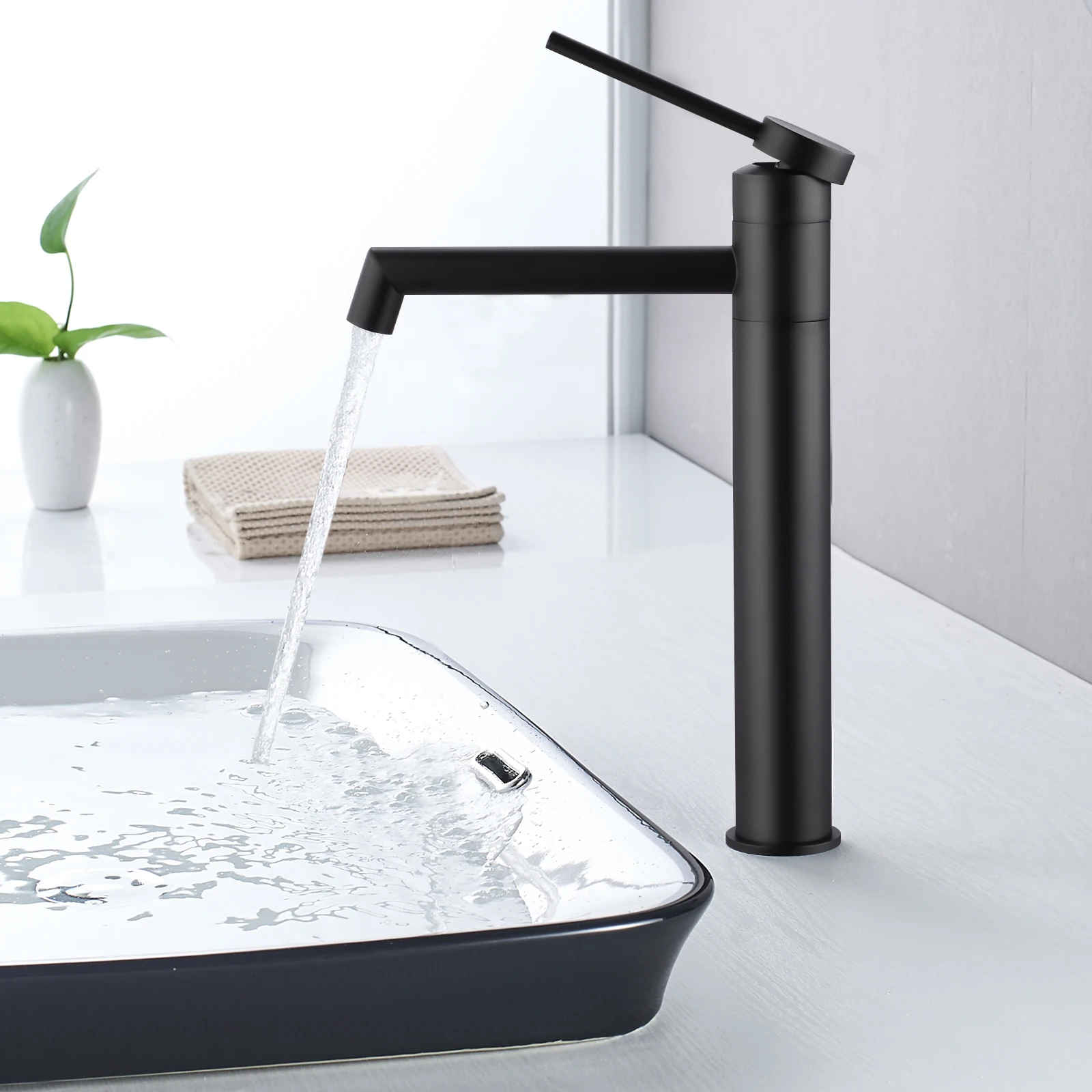 Mattschwarzer Badezimmer-Wasserhahn, 360° °   Drehbarer Waschbecken-Mischbatterie, hoher 21 cm Auslauf, Einhebel-Waschtischarmatur für die Installation auf der Arbeitsplatte