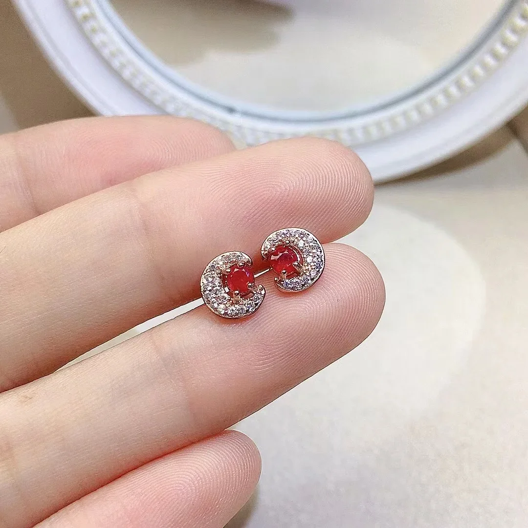 Small Silver Moon Stud Earrings with Gemstones 3mm 100% Natural Ruby Silver Earrings Solid 925 Silver Ruby Earrings