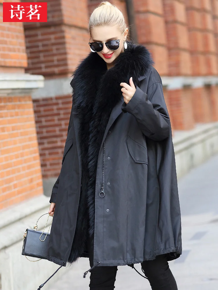 2023 Winter New A-Edition Pie Overcomes Female White Duck Down Inner Liner Detachable Raccoon Fur Collar Fur Coat