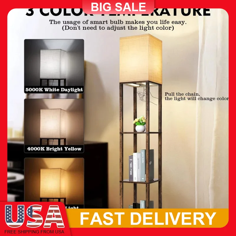 

Floor Lamp with Shelves 3 Tier Wooden Standing Corner Lamp 3 Color Temperature 8W Bulb for Living Room Bedroom Office Home Decor