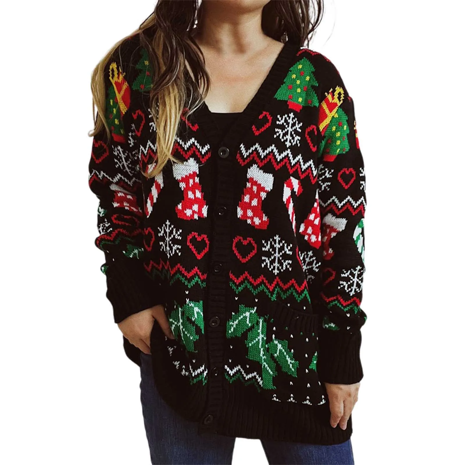 Knitted Christmas Sweater Jacket Tops Women's 2024 Winter Snowflake Xmas Cardigan Keep Warm Outerwear Coat Female Clothing