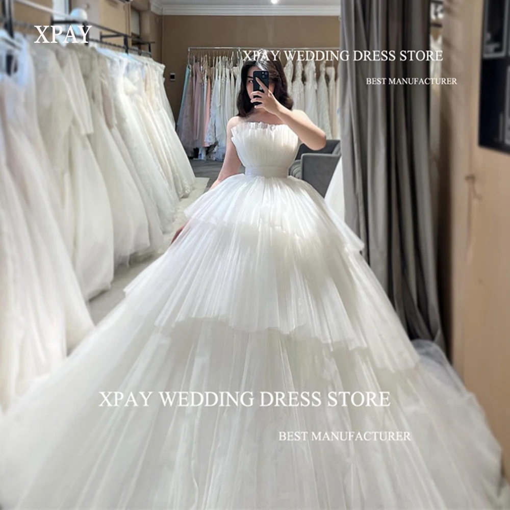 

XPAY Princess Strapless Tiered Ruffles A Line Wedding Dresses For Women Bride Dress Court Train Bridal Gowns vestidos de novia