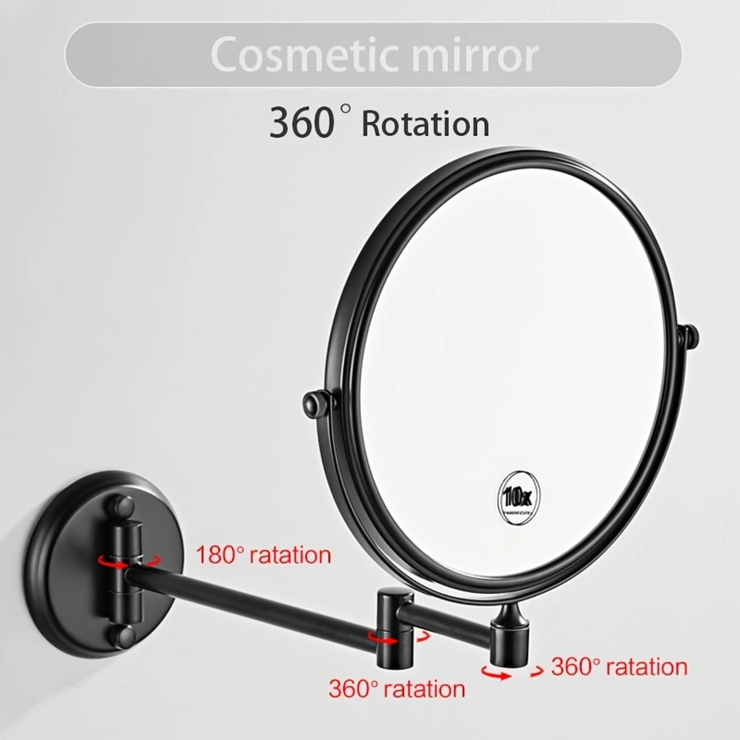 Modern Black Wall-Mounted Shaving Mirror with 10X Magnification, 8-Inch Chrome Double-Sided Makeup Mirror, Swivel and Foldable D