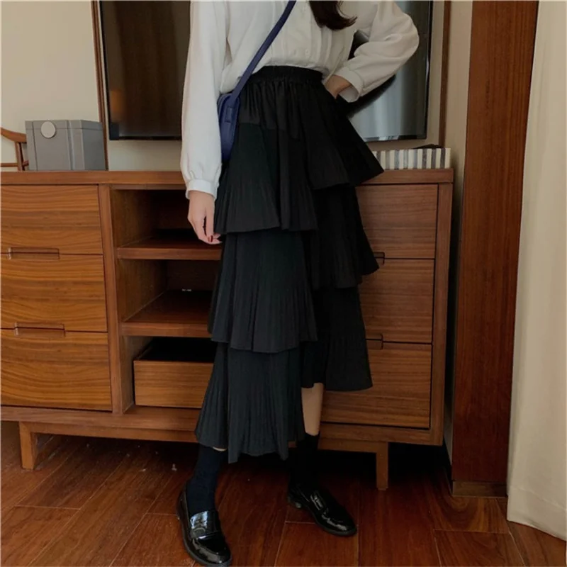 High Waist Black Irregular Cake Skirt Women Retro Casual Multi-layer Pleated Ruffles Korean Fashion Clothing Faldas Mujer Street