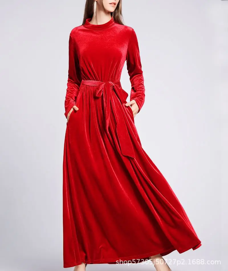 Robes d'automne et d'hiver pour femmes, manches longues, arabie saoudite, ceinture, col rond, couleur unie, dubaï, Abayas, Robe musulmane