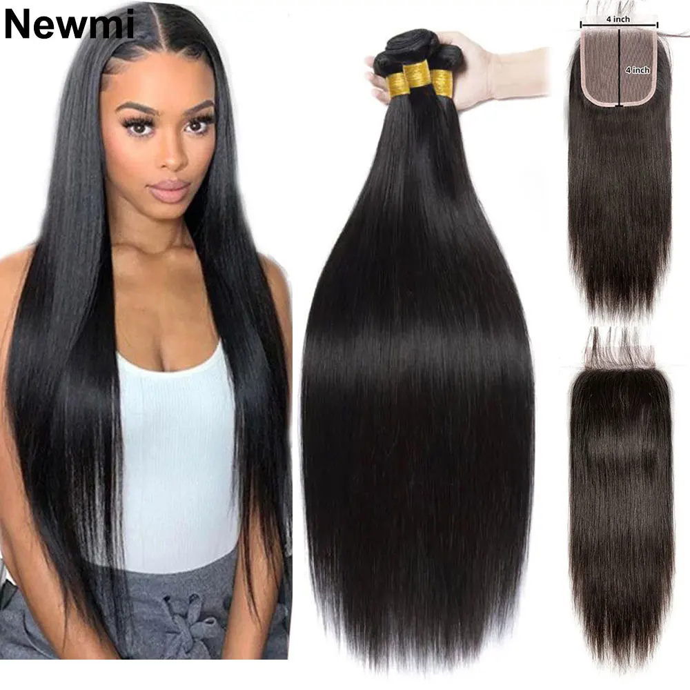 

Straight Bundles Human Hair with Closure Newmi Straight Human Hair Bundles with Closure Transparent 4x4 Lace Closure and Bundles