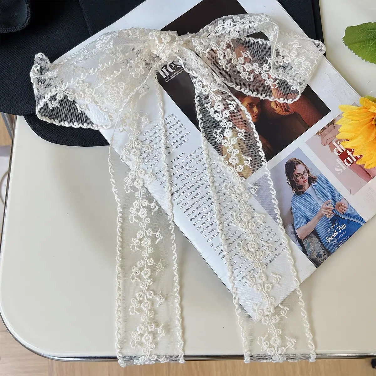 Faixa de cabeça de renda retrô, faixa de pescoço, acessórios de pescoço, temperamento suave e versátil para mulheres, gravata borboleta, cachecol, cachecol