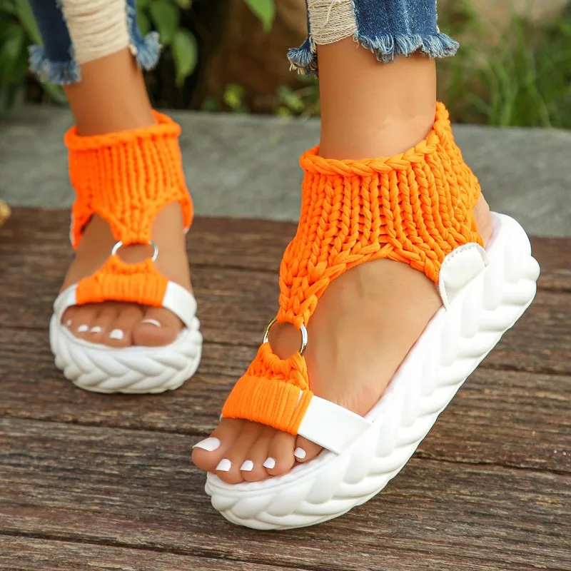 

Women's Large Size Sandals Platform Sole Wool Knitting Round Buckle Shoes Women Leisure Fashion Personality Sandalias De Mujer