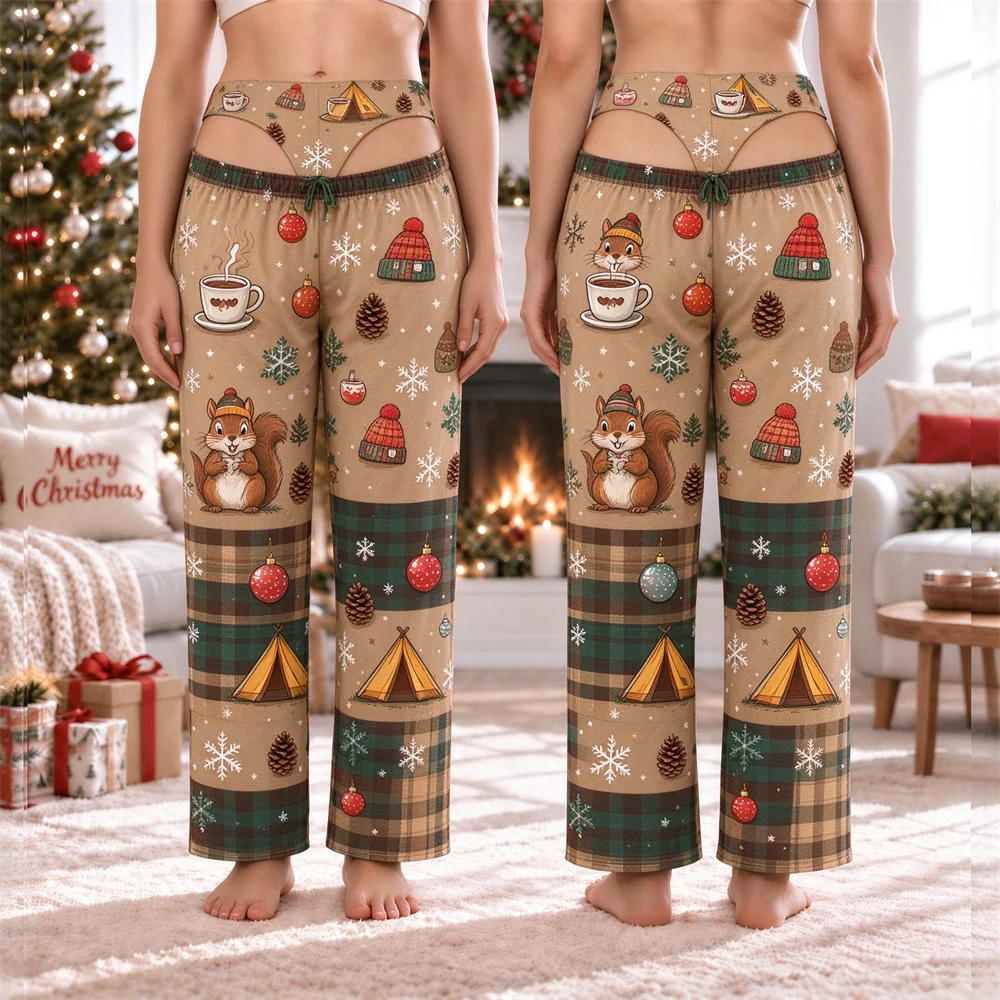 Christmas Women's Pajama Cute Cartoon Snowman Print Elastic Waist Long Pants Soft Casual Home Lounge Wear Xmas Trousers Clothing