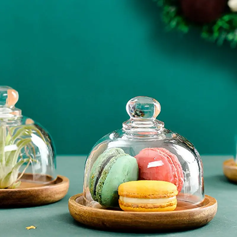 Wooden Cake Stands Glass Cover Bread Pastry Dessert Plate Food Display Tray Serving Cheese Cloche Platter Home Kitchen Cake Tool