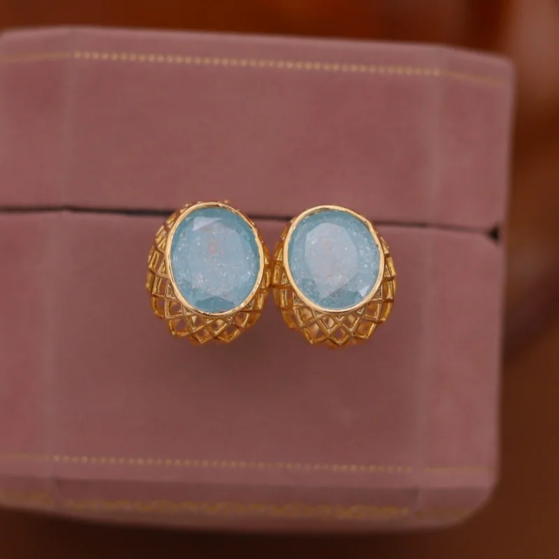 Korean New Fashion Jewelry 14K Gold Plated Oval Type Crushed Zircon Cut-out Earrings Elegant Women's Daily Work Accessories