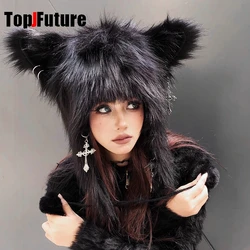 Abby Dark Women  Japanese Harajuku Y2K Girls Long beer Ear Hat Gothic fluffy cross Winter Warm  Ear Caps Streetwear Beanie Hat