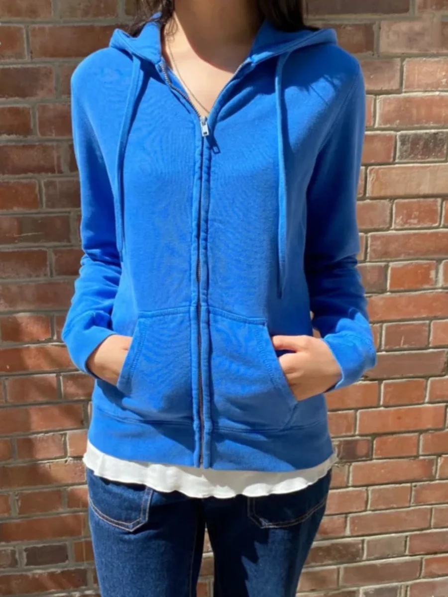 

Однотонная тонкая толстовка на молнии для женщин, осенняя толстовка с длинными рукавами и карманами на шнурке, винтажная милая хлопковая синяя толстовка с капюшоном, пальто Y2k