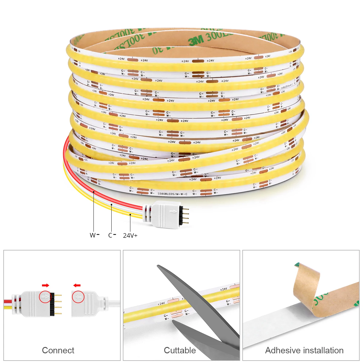 24V Tuya COB CCT LED Strip Light 3M 5M Wifi APP Control Brightness Color Temperature Changeable Lamp Tape for Voice Alexa Google