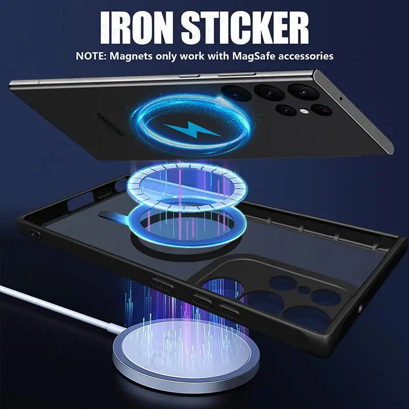 Magsafe-funda de carga inalámbrica magnética mate para Samsung Galaxy S24 Ultra S23 S22 Ultra S23 FE, cubierta acrílica transparente a prueba de