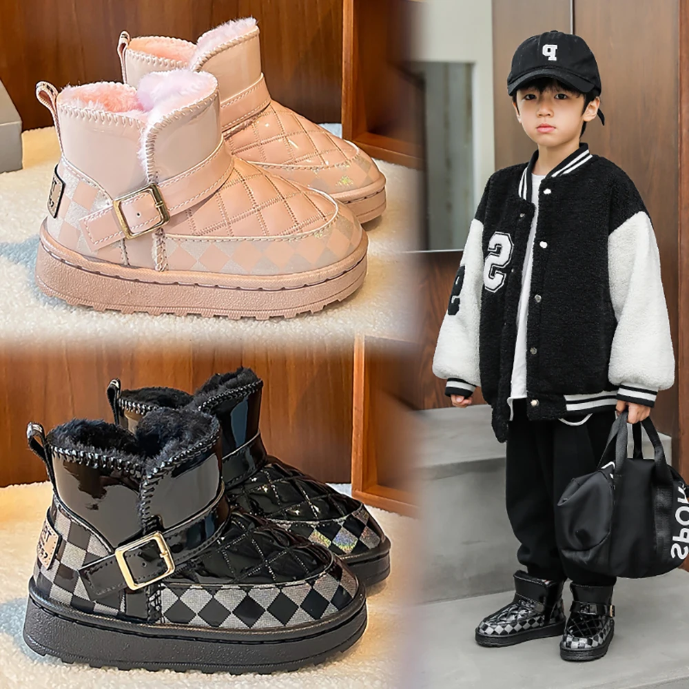 

PU Leather Snow Boots For Children Thick Warm Teenager's Plush Boots Anti-slippery Boy's Girl's Cotton Shoes Fashion Velvet Boot