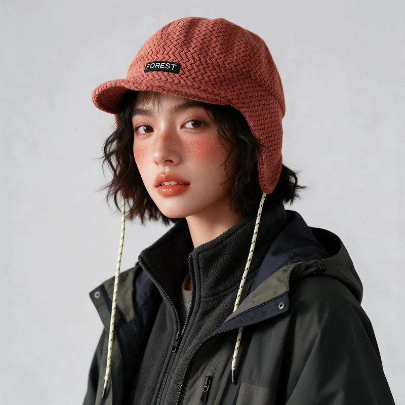 Japanese Minimalist Sticker Design Pilot Caps for Men and Women Winter Outdoor Cyclingthick and Warm Ear Protection Bomber Hats