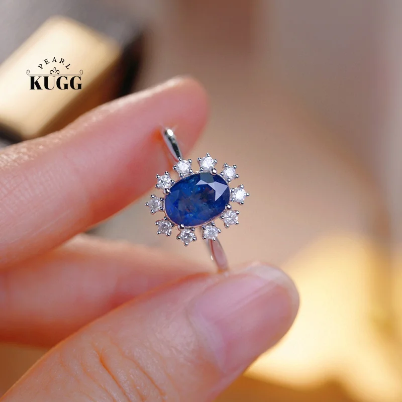 KUGG 18K White Gold Rings Romantic Flower Design Real Natural Diamond Natural Sapphire Ring for Women High Wedding Jewelry