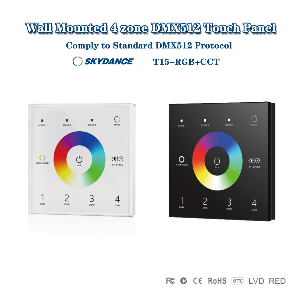 

Skydance T15 86 AC100-240V 4 Zone RGB+CCT 2.4GHzRF Remote Wall Mounted DMX512 Touch Panel For Receiver/LED Strip Controller