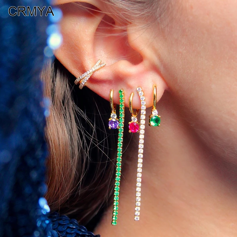 Crmya Multicolored Drop Earrings for Women Colorful Zirconia No Piercing Ear Cuff Earring Women Party Jewelry Accessories