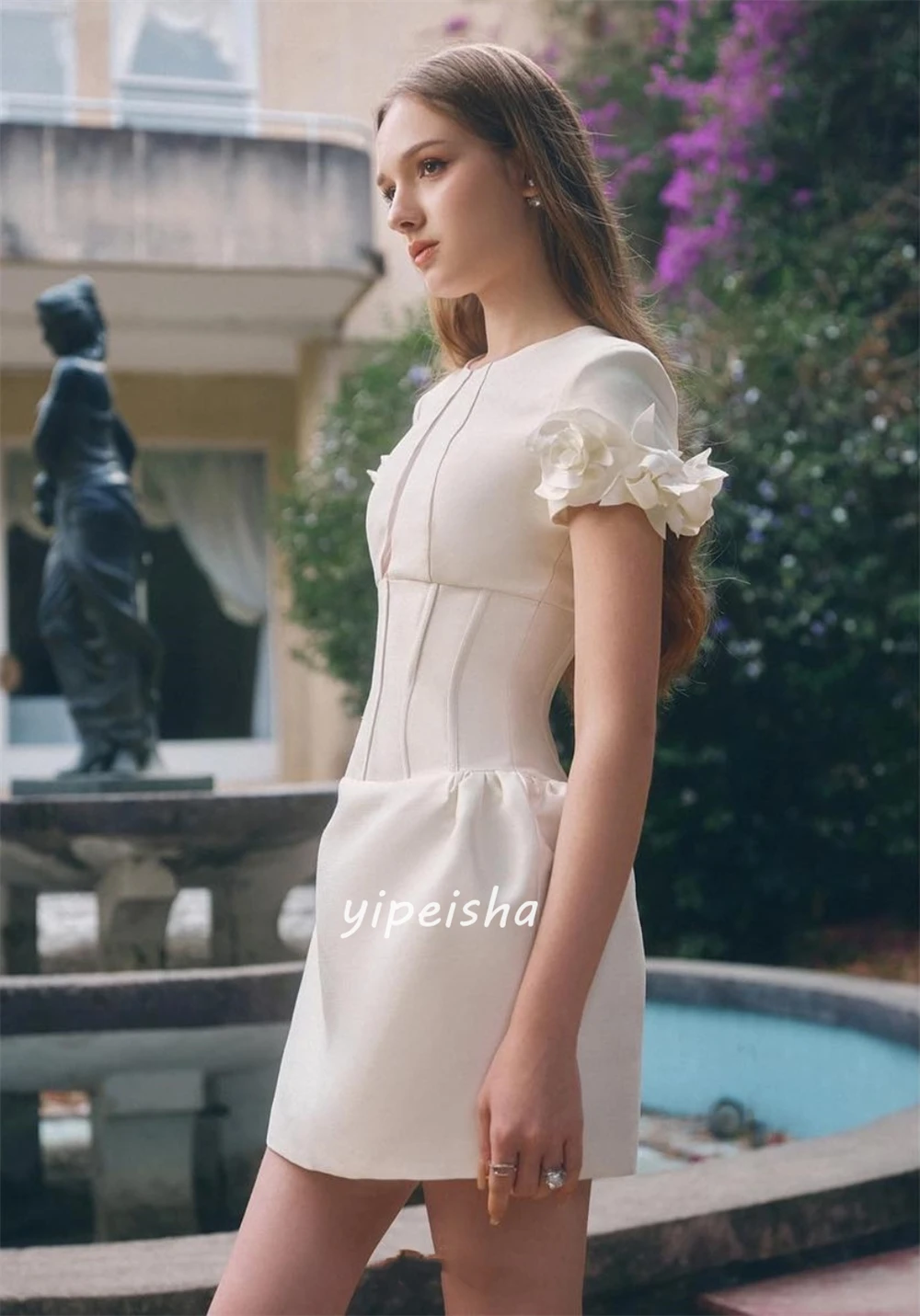 Mini abiti da ballo con scollo a barchetta a trapezio increspato con fiori in jersey di alta qualità personalizzati Abiti da ballo sexy Taglie scintillanti disponibili Matc intricato