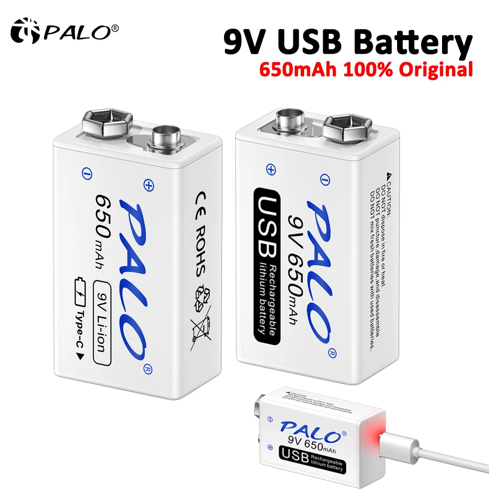 PALO 9V Rechargeable Battery 650mAh 6F22 Type-C 9v Li-ion Lithium Batteries for Multimeter Microphone Toy Remote Control KTV