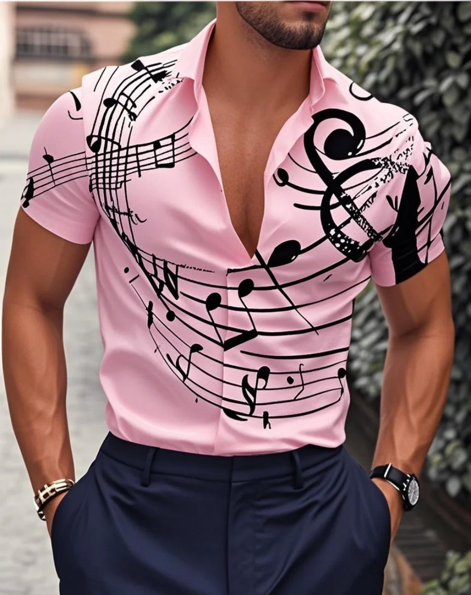 Camisa de hombre Patrón Camisa Texto Notas musicales Solapa Mangas cortas Camisa con botones estampados Diseñador de moda Casual Transpirable
