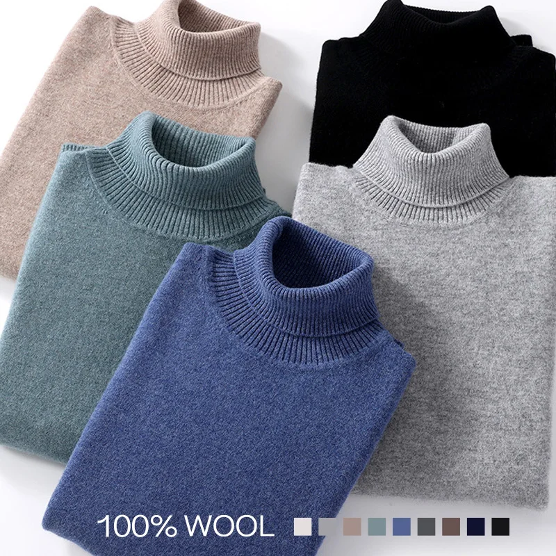 Winter Turtleneck Knitted Sweater Men 100% Pure Wool Pullover Basic Solid Color Slim Fit Top Male Autumn Waistcoat High Quality