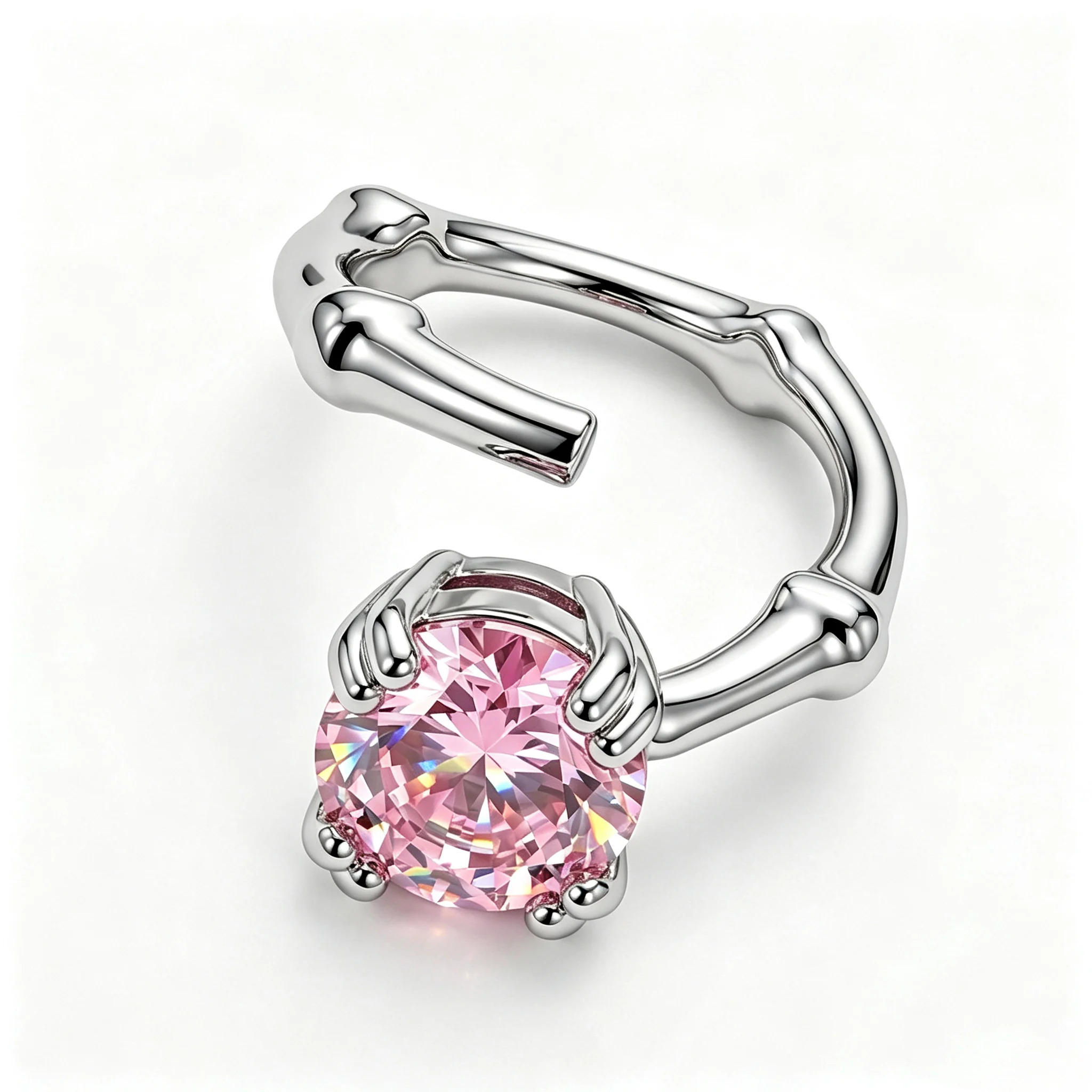 Adjustable Open Bamboo Design Finger Ring, White Gold Plated Shiny Pink CZ, Elegant Statement Jewelry for Women Holiday Gift