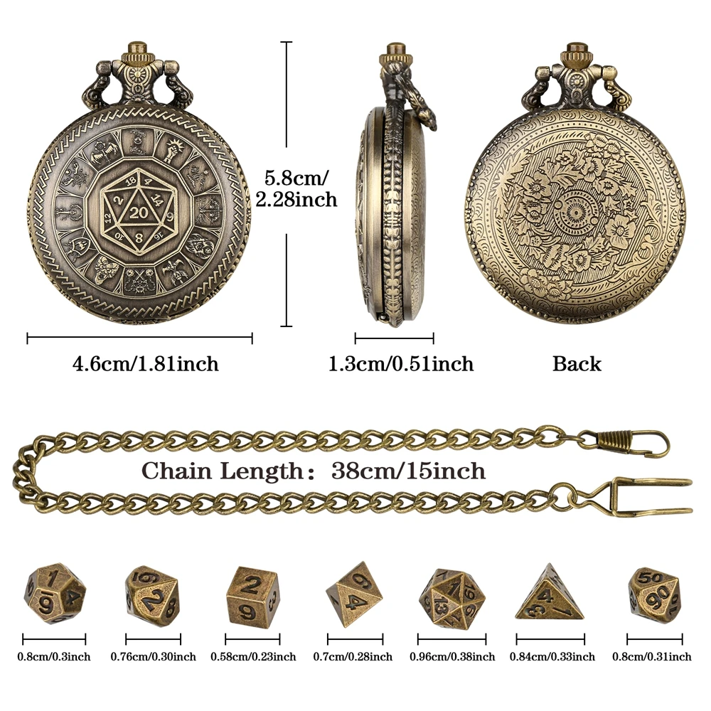 Dice Pattern Retro Themed Cover Antique Empty Pocket Watch Case with 7pcs Antique Collection Dice and 38cm Waist Hook Chain